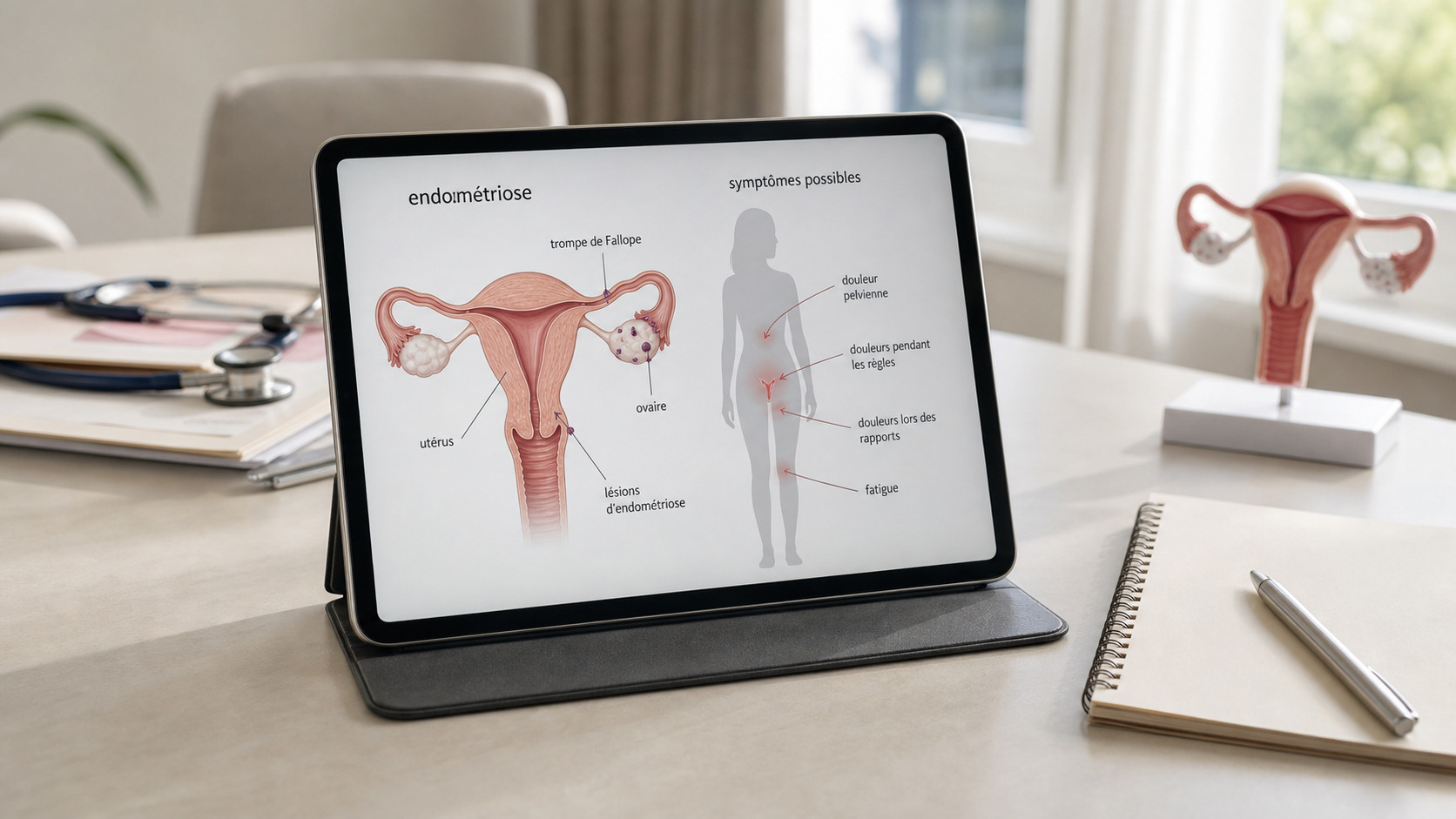 Schéma médical neutre de l'endométriose affiché sur une tablette