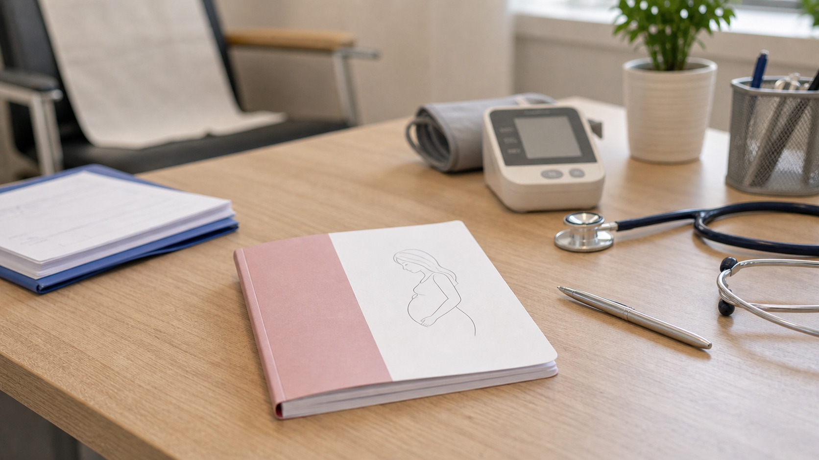 Carnet de suivi de grossesse et stylo posés sur un bureau médical