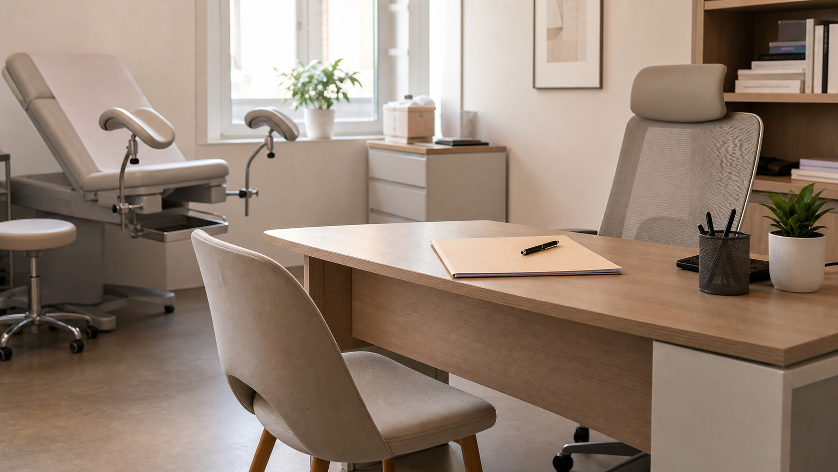 Bureau de consultation avec chaise face au praticien avant l'examen