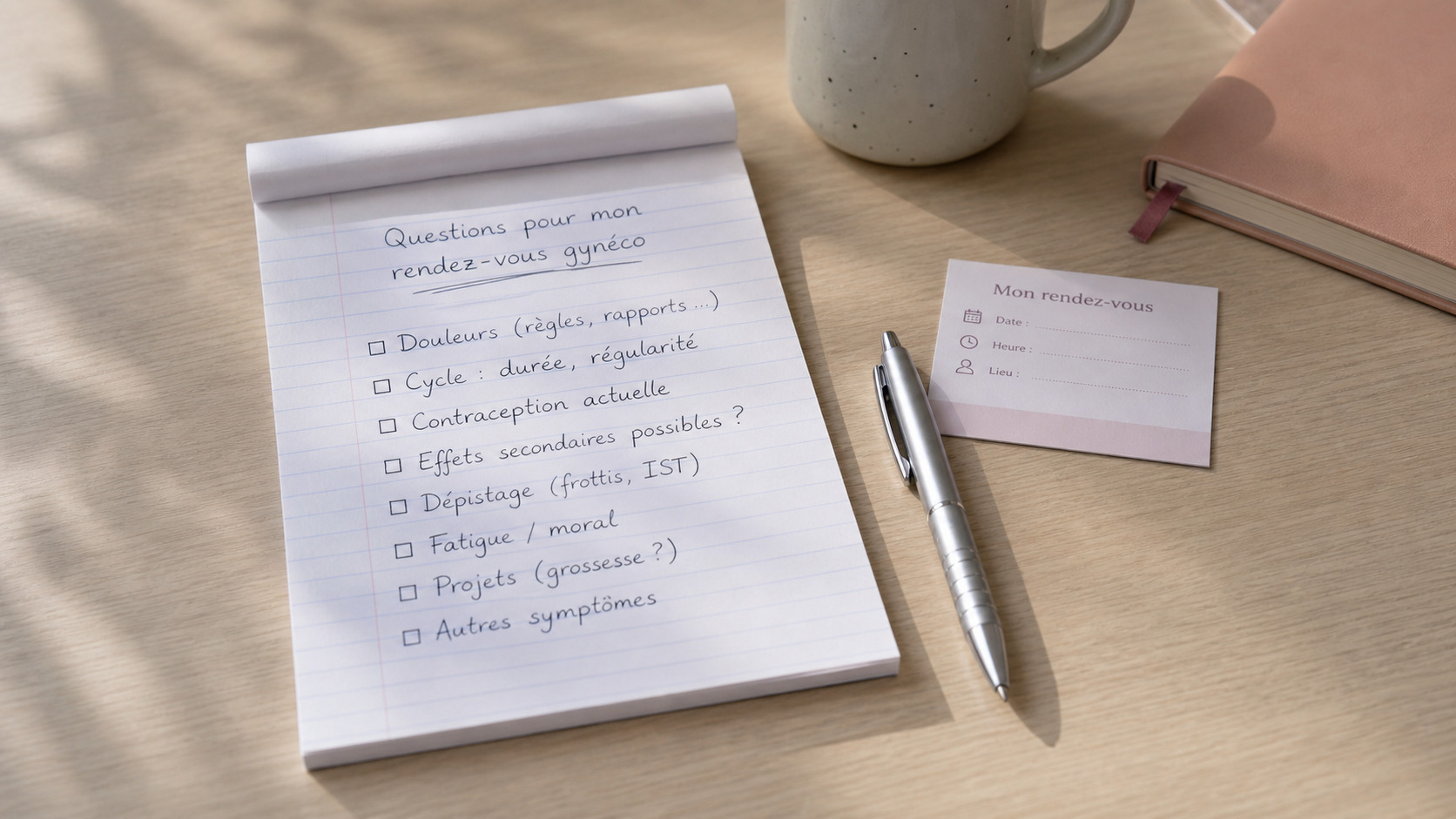Liste de questions préparée avant un rendez-vous gynécologique