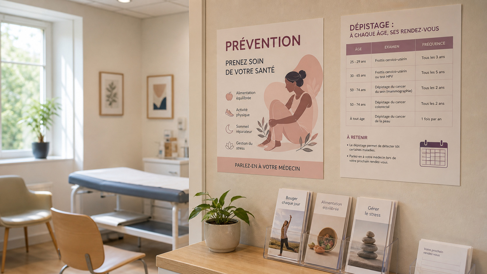 Affiche de prévention et calendrier de dépistage dans un cabinet médical